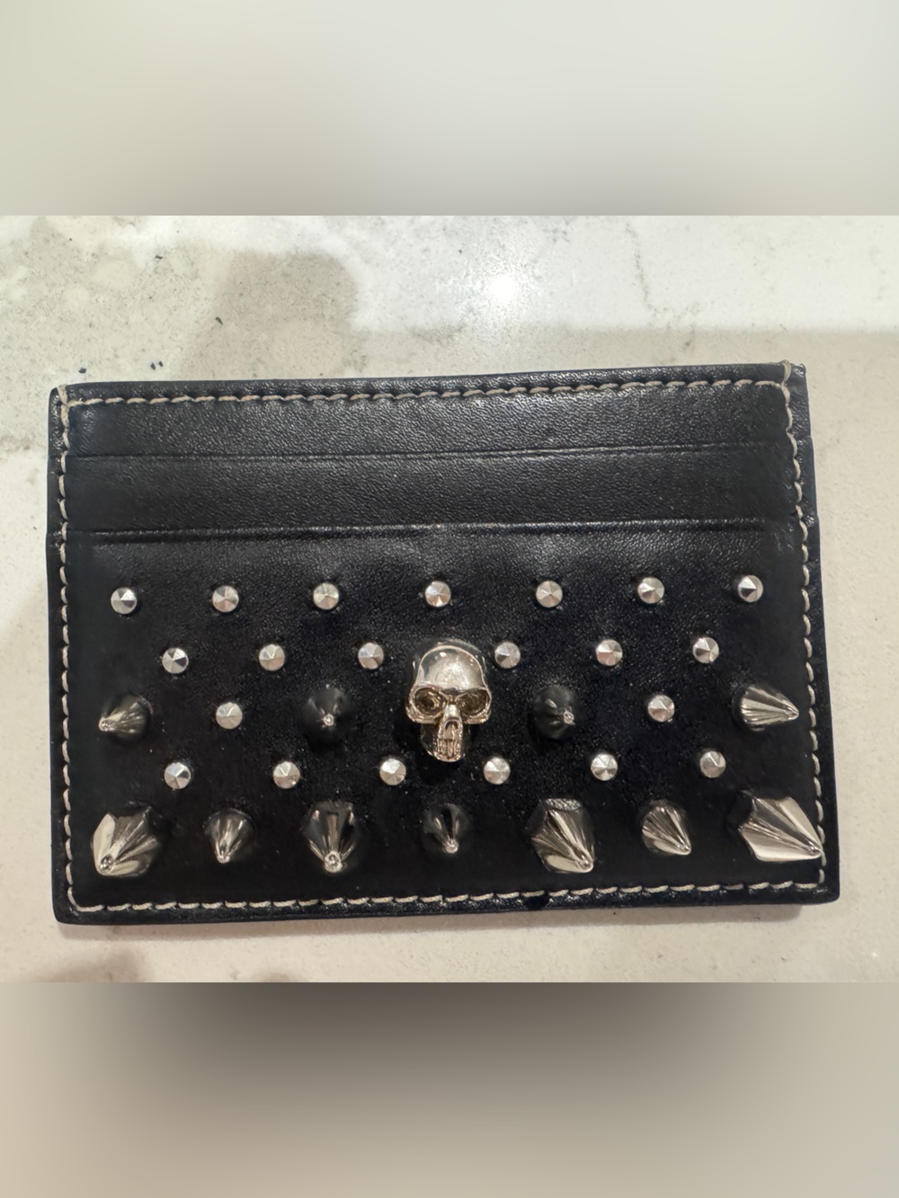 Alexander McQueen Black Leather Studded Card & Key Holder with Silver Skull